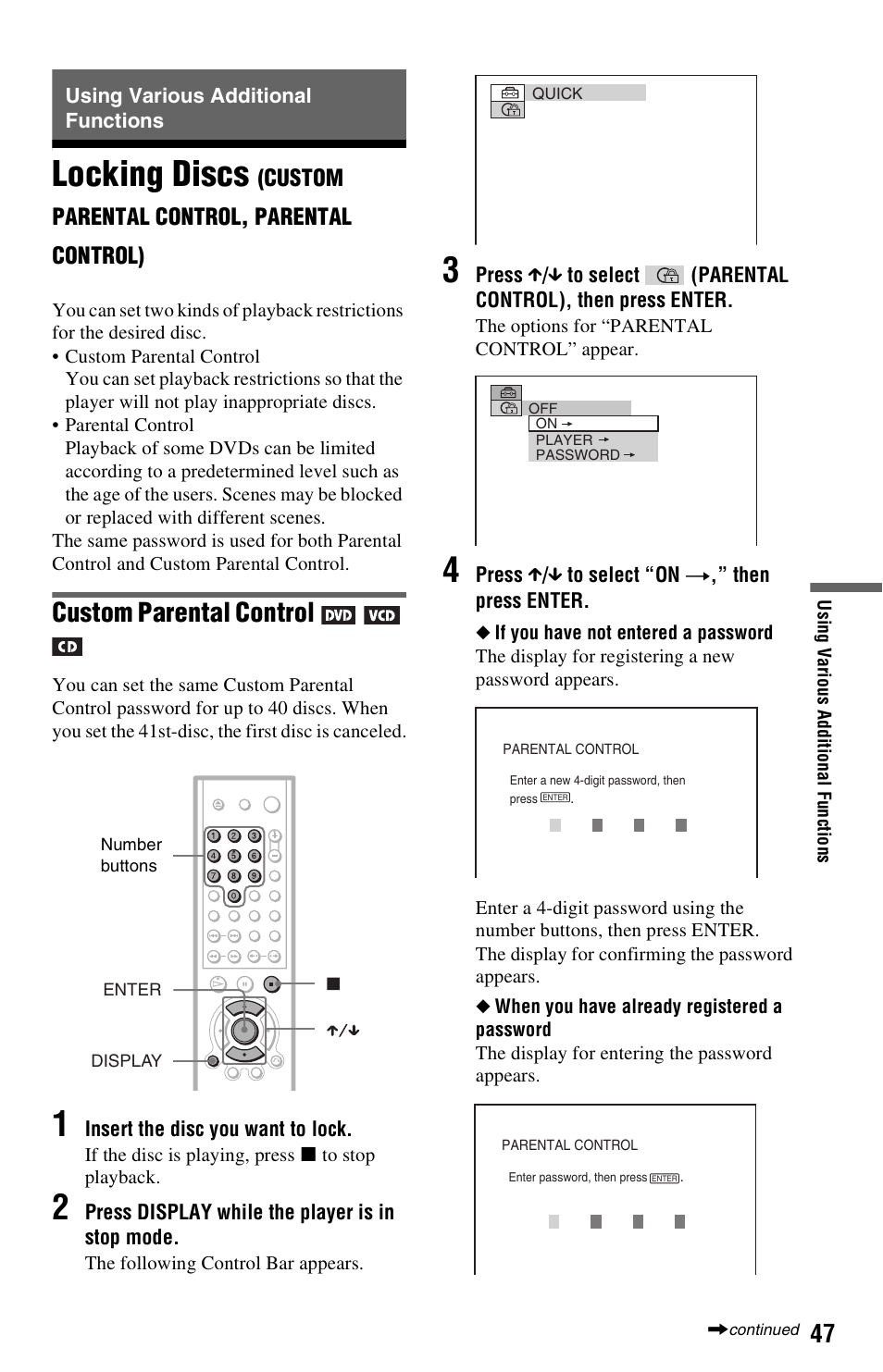 Using various additional functions, Locking discs, Custom parental control | Sony DVP-NS325 User Manual | Page 47 / 66