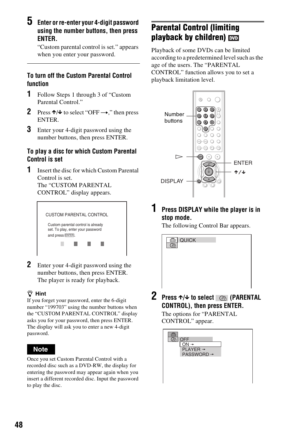 Parental control (limiting playback by children) | Sony DVP-NS325 User Manual | Page 48 / 66