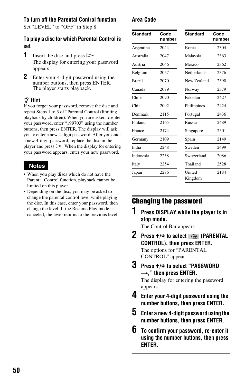 Changing the password | Sony DVP-NS325 User Manual | Page 50 / 66