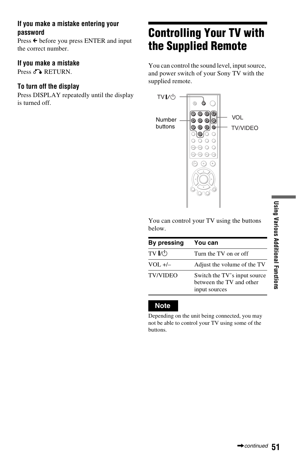 Controlling your tv with the supplied remote | Sony DVP-NS325 User Manual | Page 51 / 66