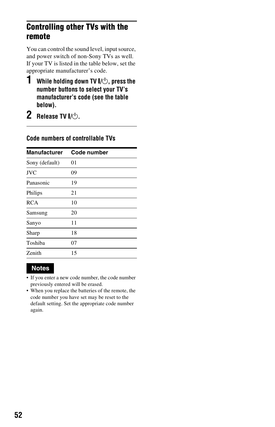 Controlling other tvs with the remote | Sony DVP-NS325 User Manual | Page 52 / 66