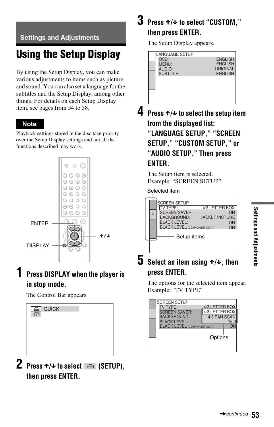 Settings and adjustments, Using the setup display | Sony DVP-NS325 User Manual | Page 53 / 66