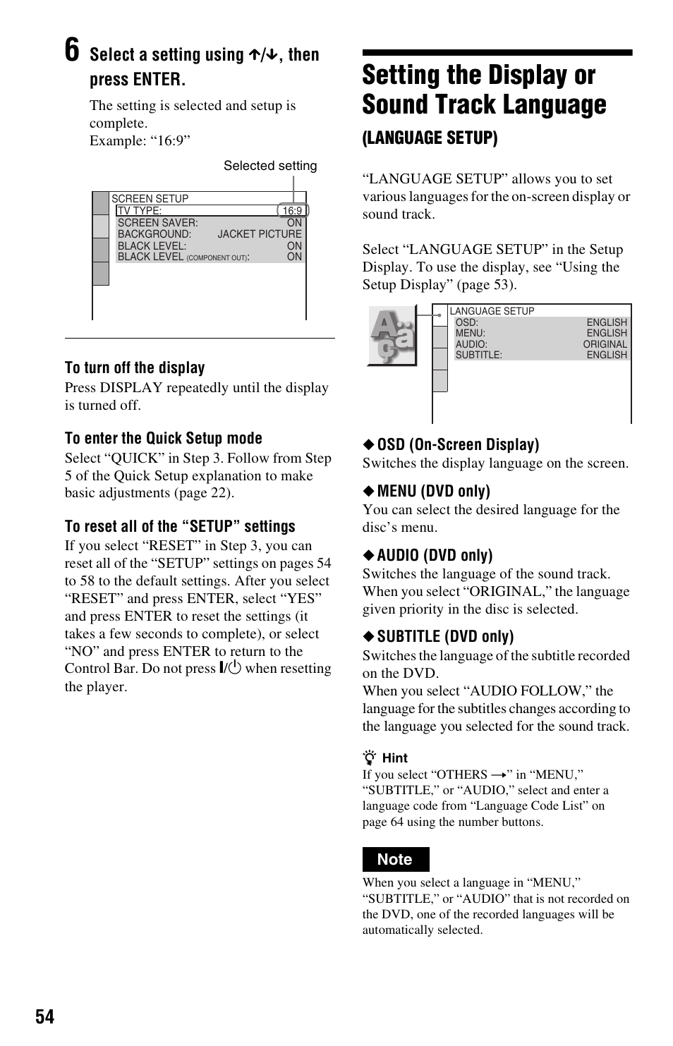 Setting the display or sound track language, Select a setting using x / x , then press enter, Language setup) | Sony DVP-NS325 User Manual | Page 54 / 66