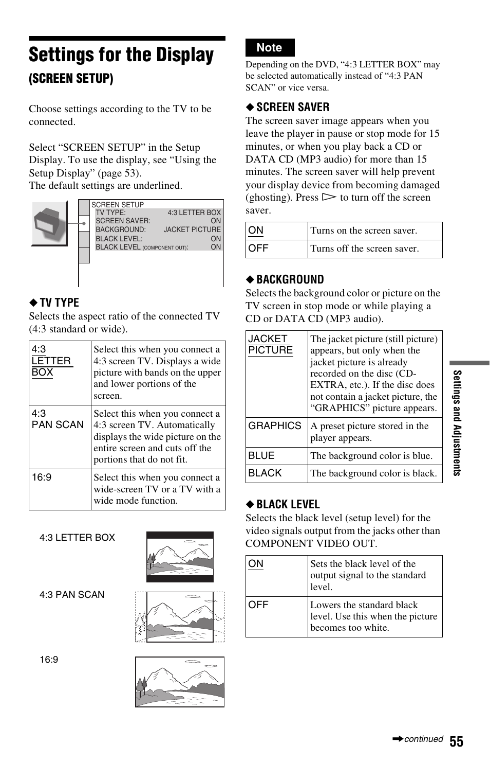 Settings for the display (screen setup), Settings for the display (scree, Settings for the display | Screen setup), Tv type, Screen saver, Background, Black level | Sony DVP-NS325 User Manual | Page 55 / 66