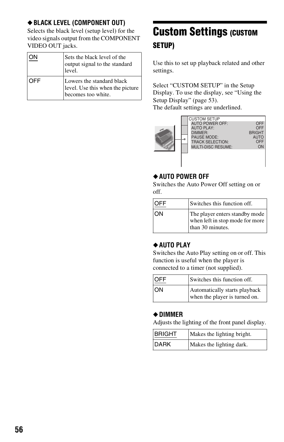 Custom settings (custom setup), Custom settings (cust, Custom settings | Custom setup) | Sony DVP-NS325 User Manual | Page 56 / 66