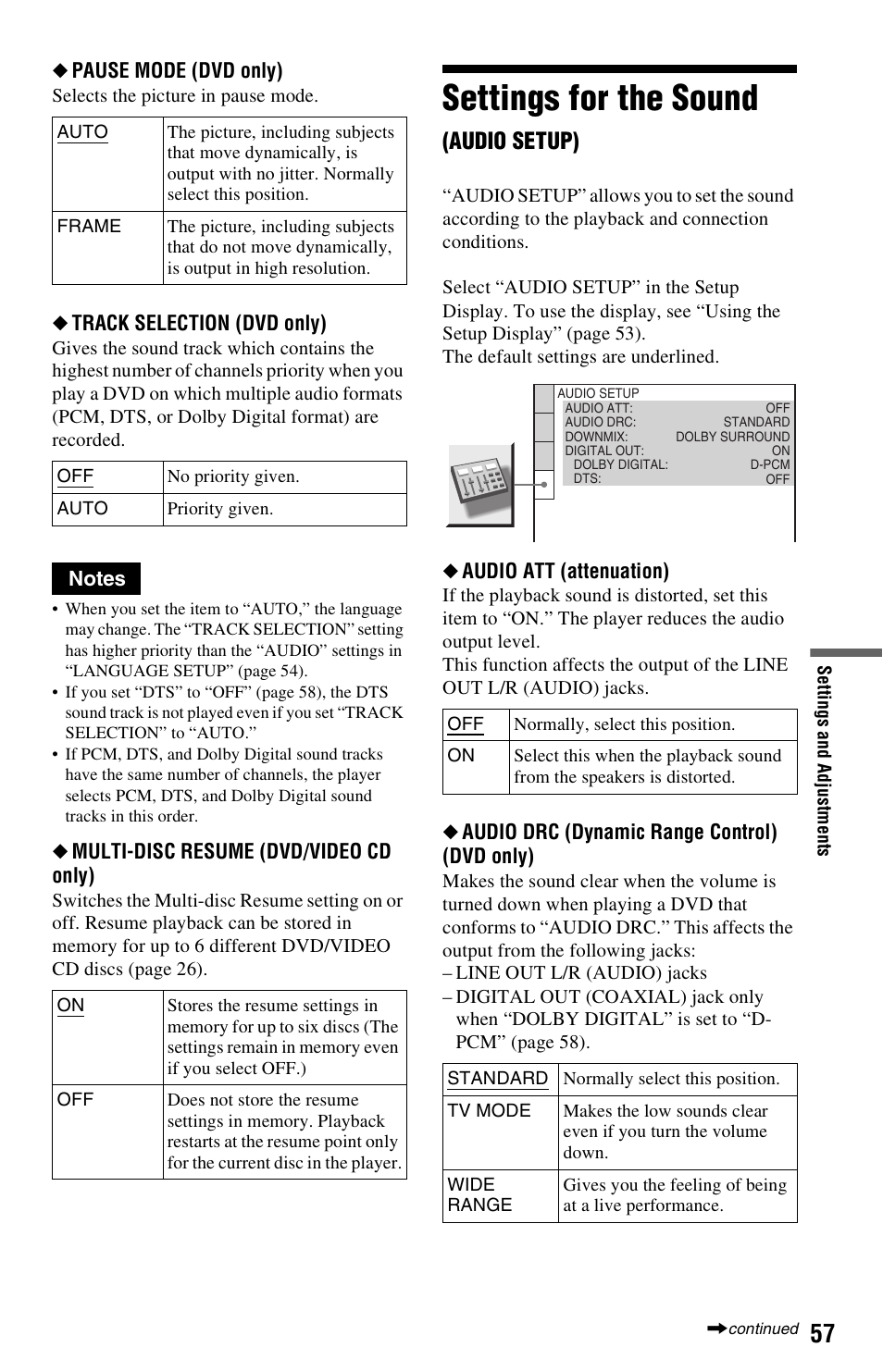 Settings for the sound (audio setup), Settings for the sound, Audio setup) | Sony DVP-NS325 User Manual | Page 57 / 66