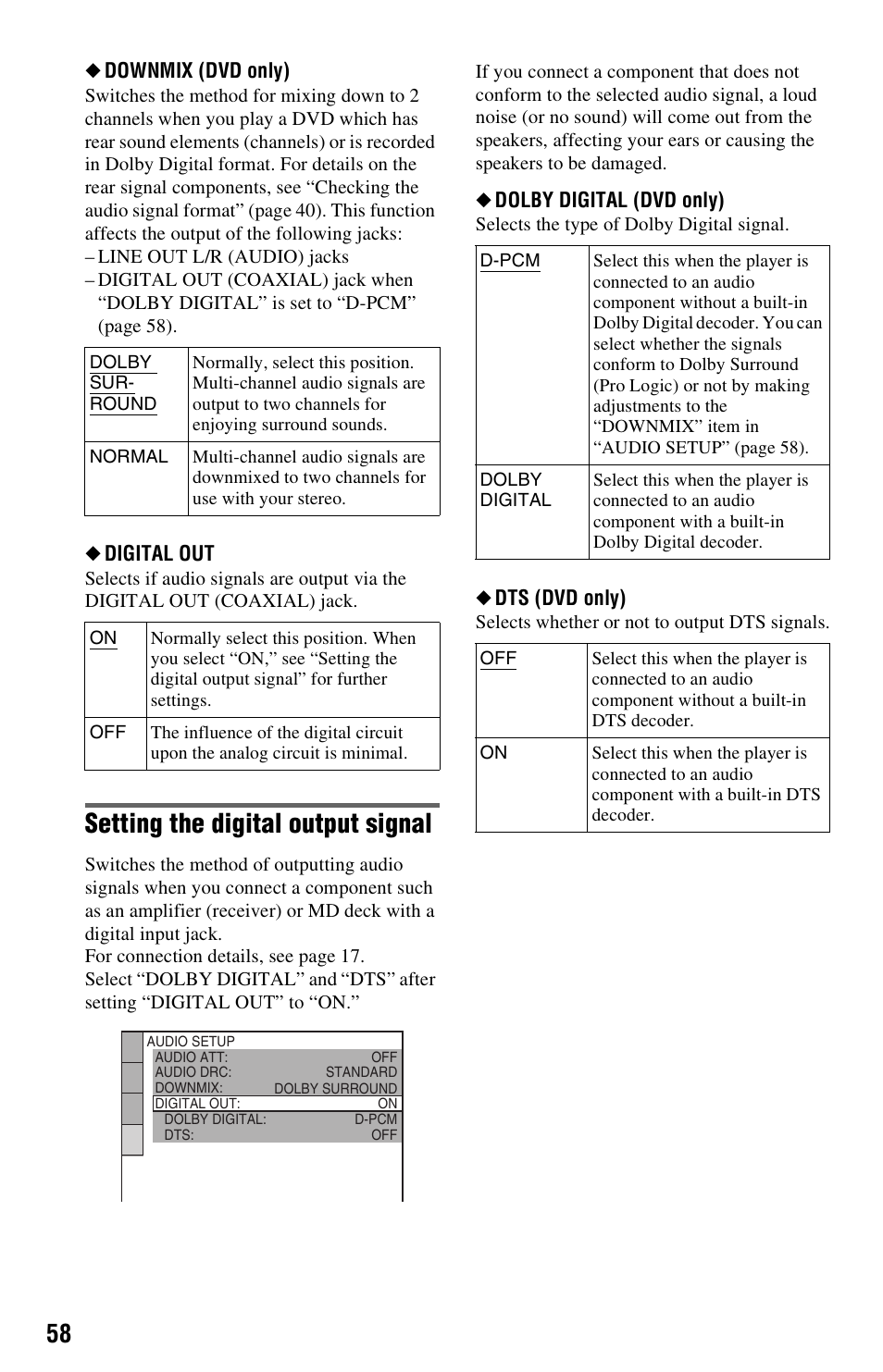 58 to, Setting the digital output signal | Sony DVP-NS325 User Manual | Page 58 / 66