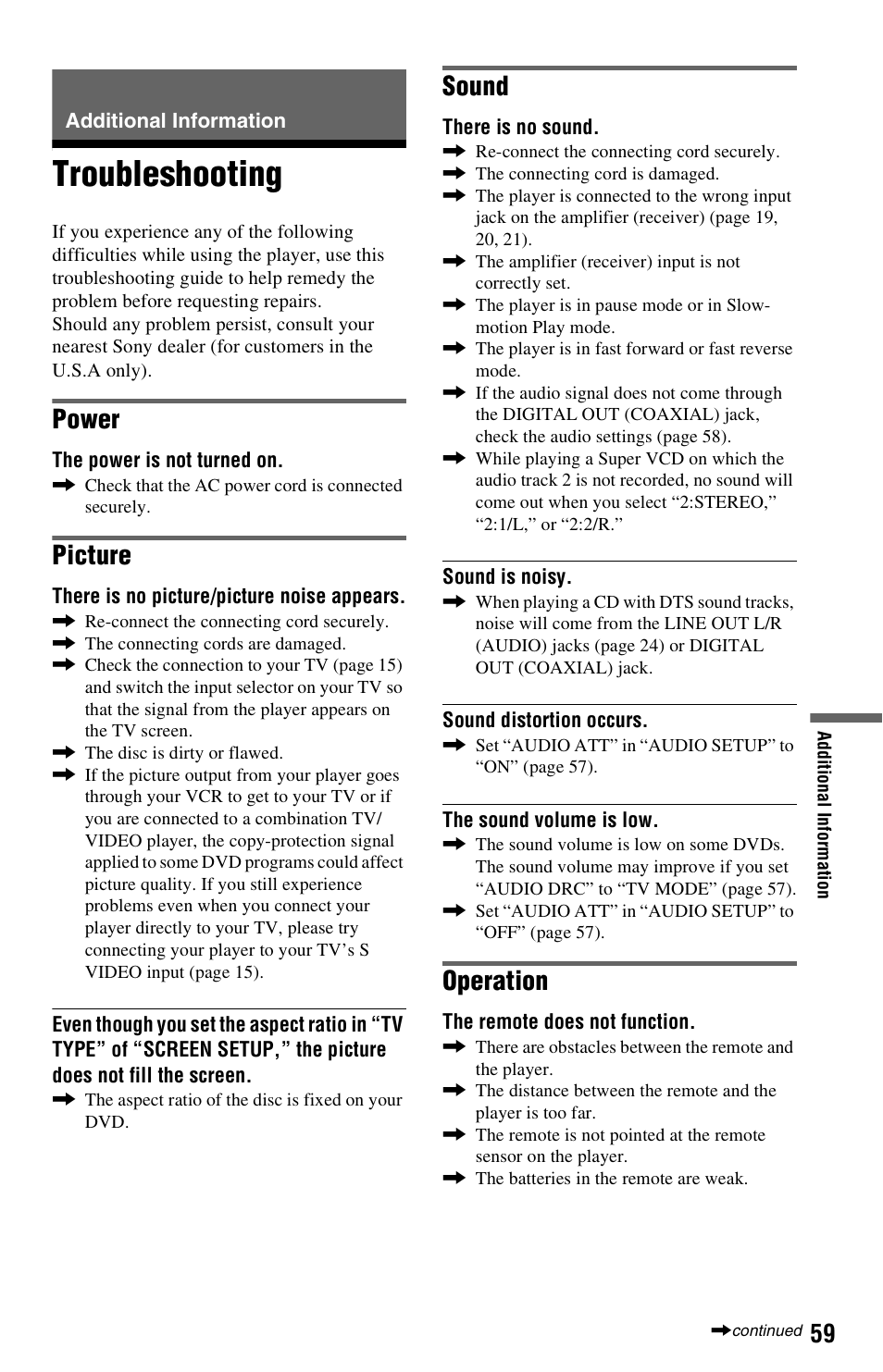 Additional information, Troubleshooting, Power | Picture, Sound, Operation | Sony DVP-NS325 User Manual | Page 59 / 66