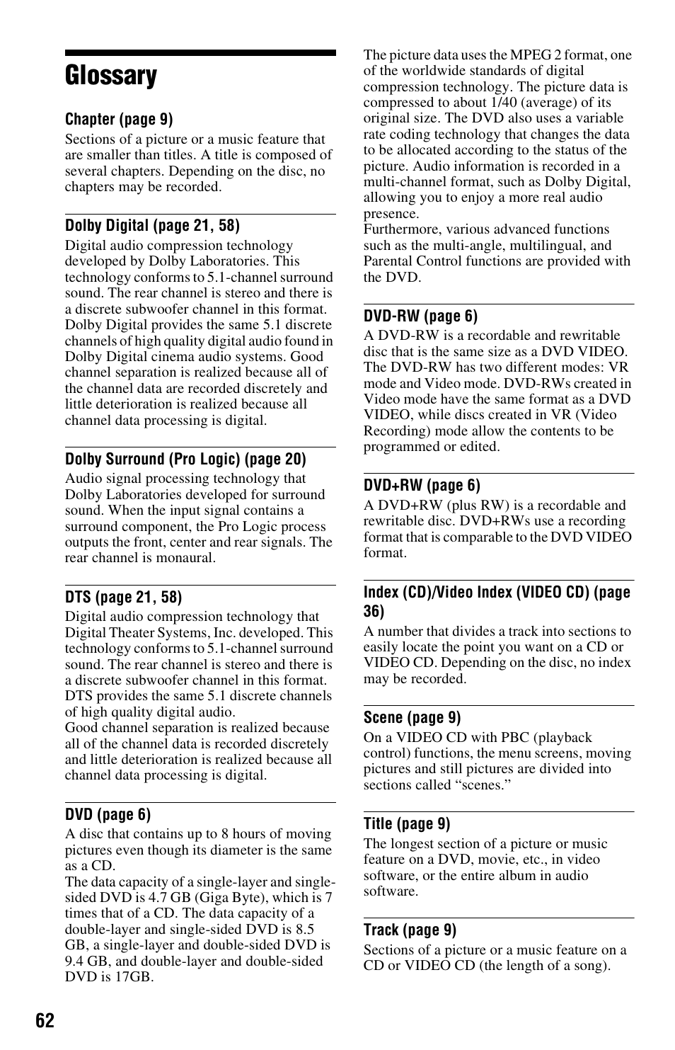 Glossary | Sony DVP-NS325 User Manual | Page 62 / 66