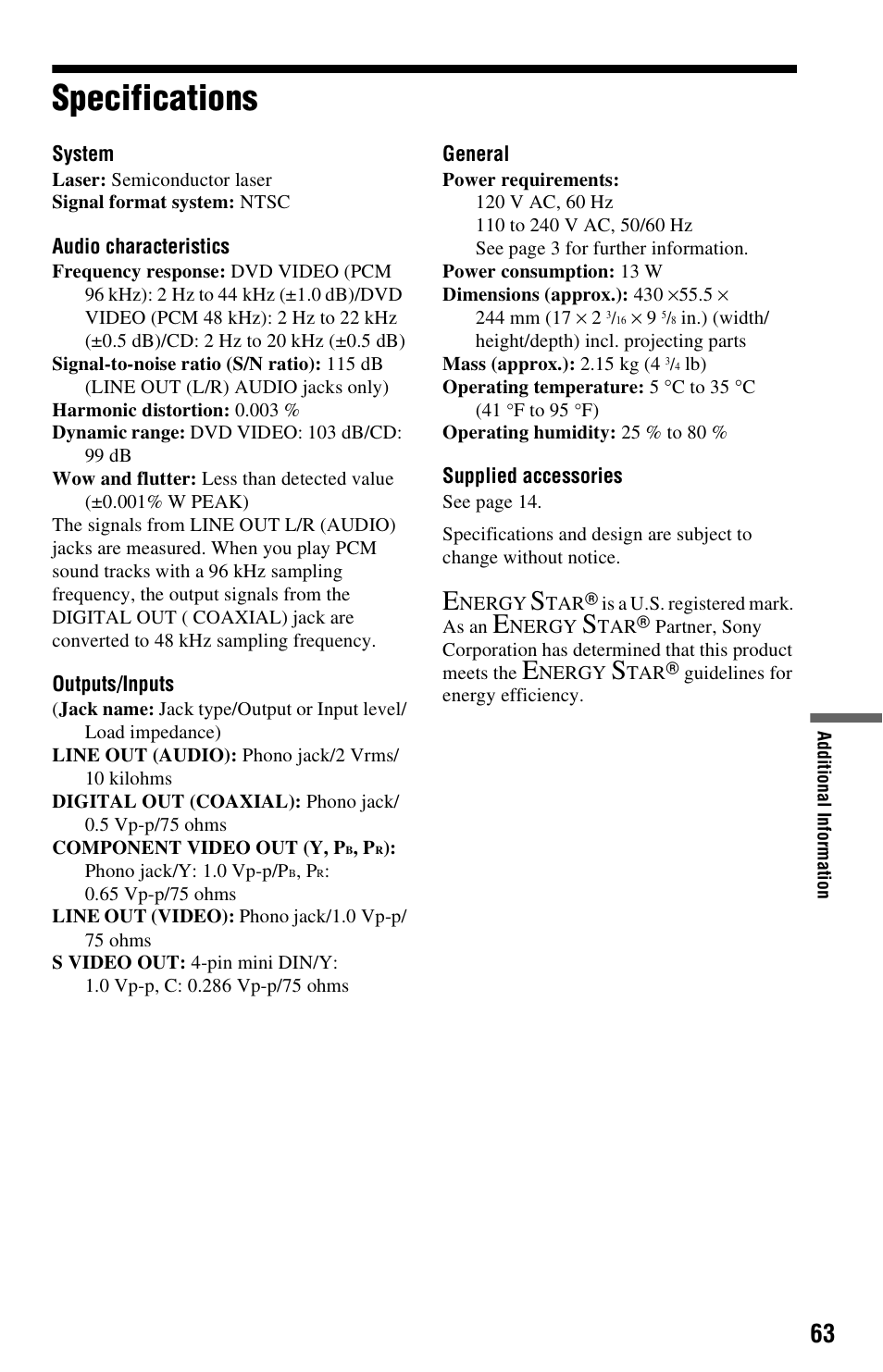 Specifications | Sony DVP-NS325 User Manual | Page 63 / 66