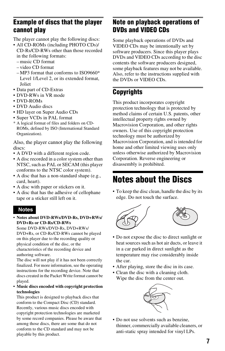 Notes about the discs, Example of discs that the player cannot play, Copyrights | Sony DVP-NS325 User Manual | Page 7 / 66