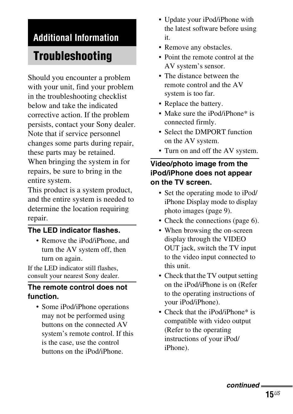 Additional information, Troubleshooting | Sony HT-SS380 User Manual | Page 15 / 36