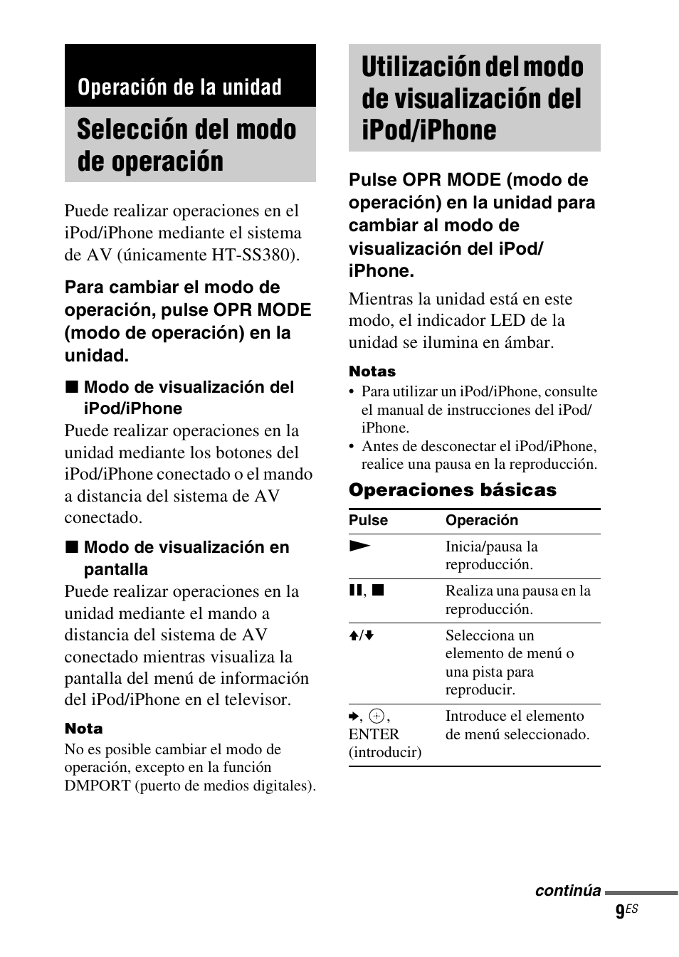 Operación de la unidad, Selección del modo de operación, Selección del modo de | Operación, Utilización del modo de, Visualización del ipod/ iphone | Sony HT-SS380 User Manual | Page 27 / 36