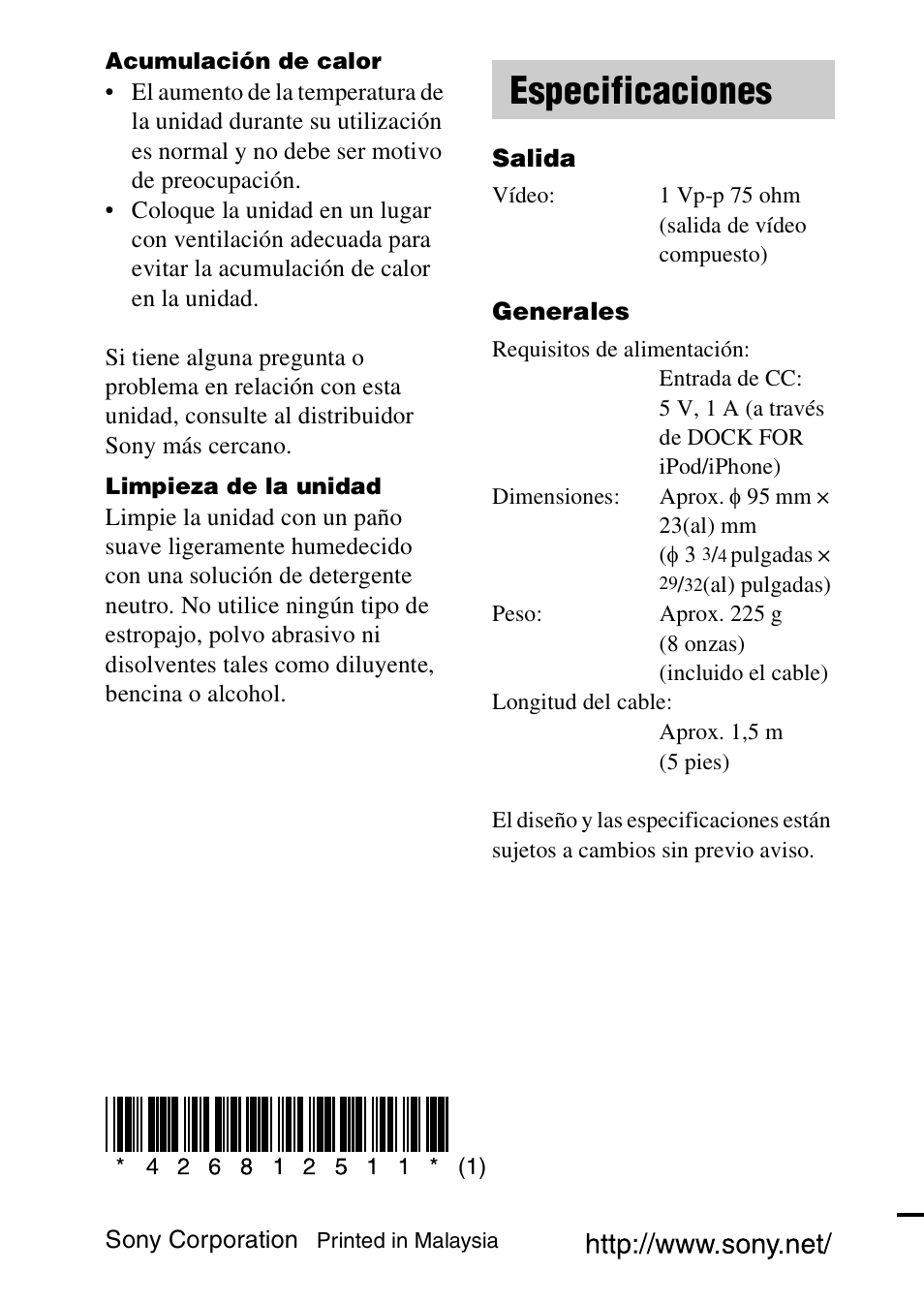 Especificaciones, Cubierta posterior | Sony HT-SS380 User Manual | Page 36 / 36