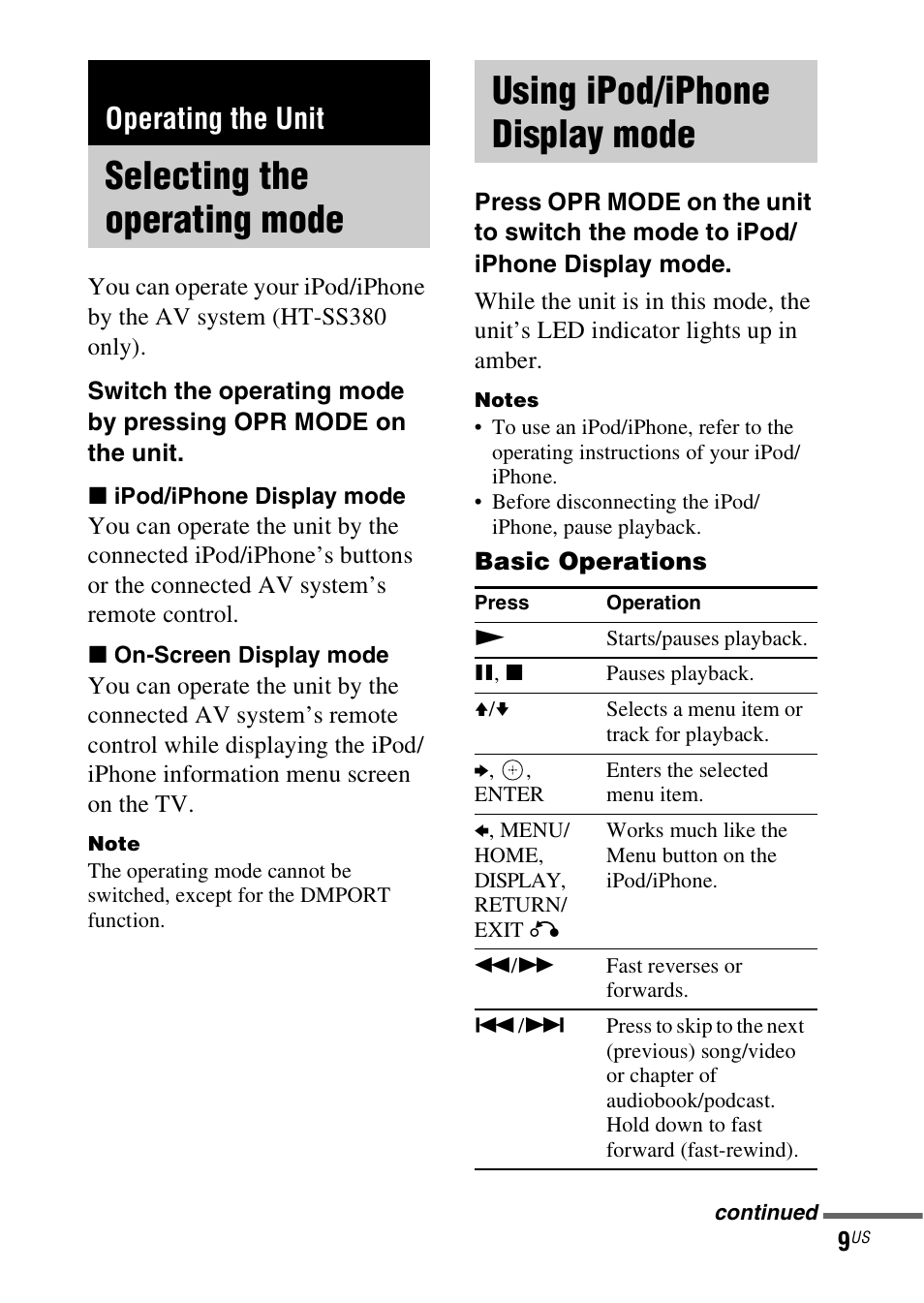 Operating the unit, Selecting the operating mode, Using ipod/iphone display mode | Selecting the operating, Mode, Using ipod/iphone display | Sony HT-SS380 User Manual | Page 9 / 36