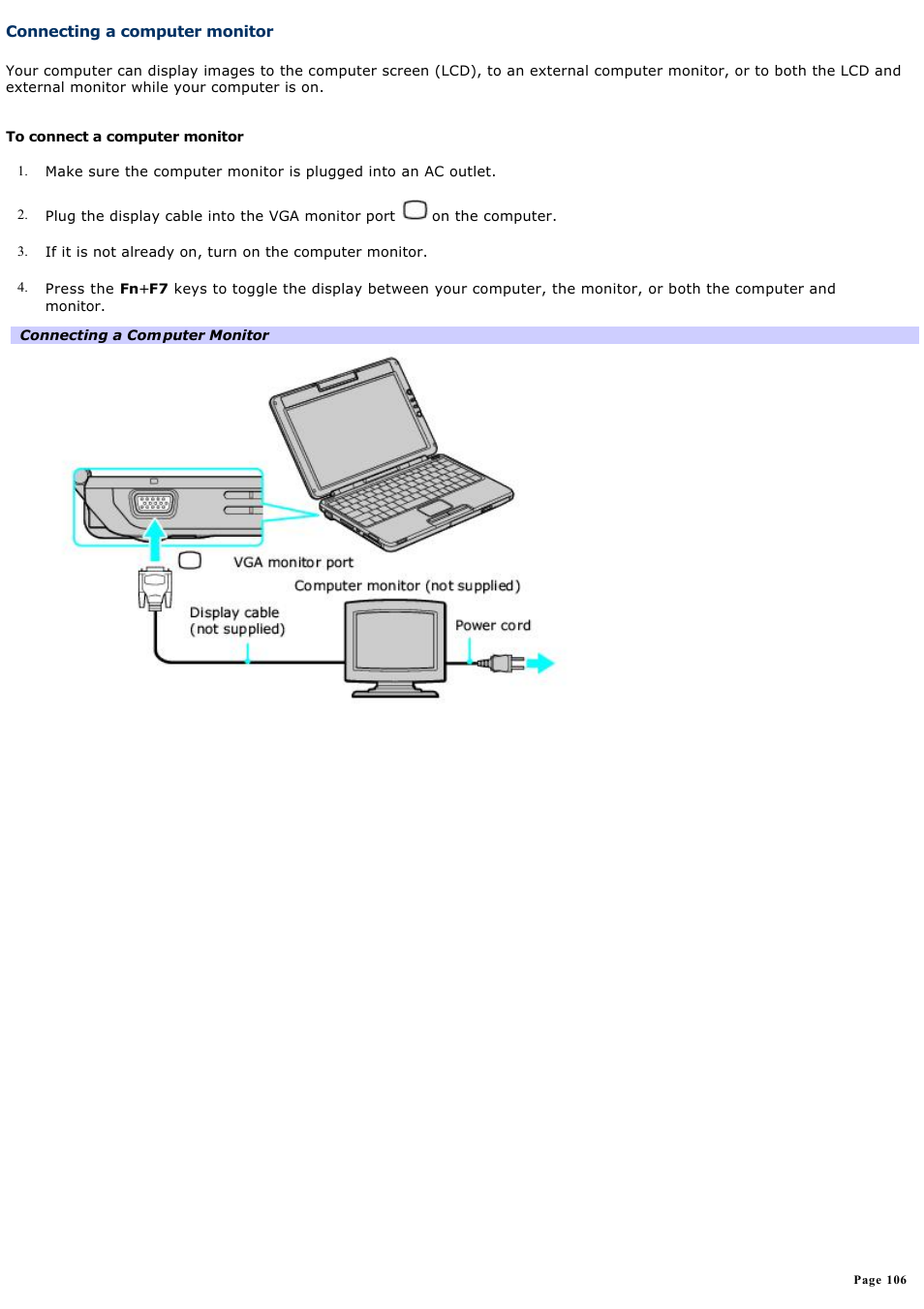 Connecting a computer monitor | Sony PCG-TR3AP User Manual | Page 106 / 199