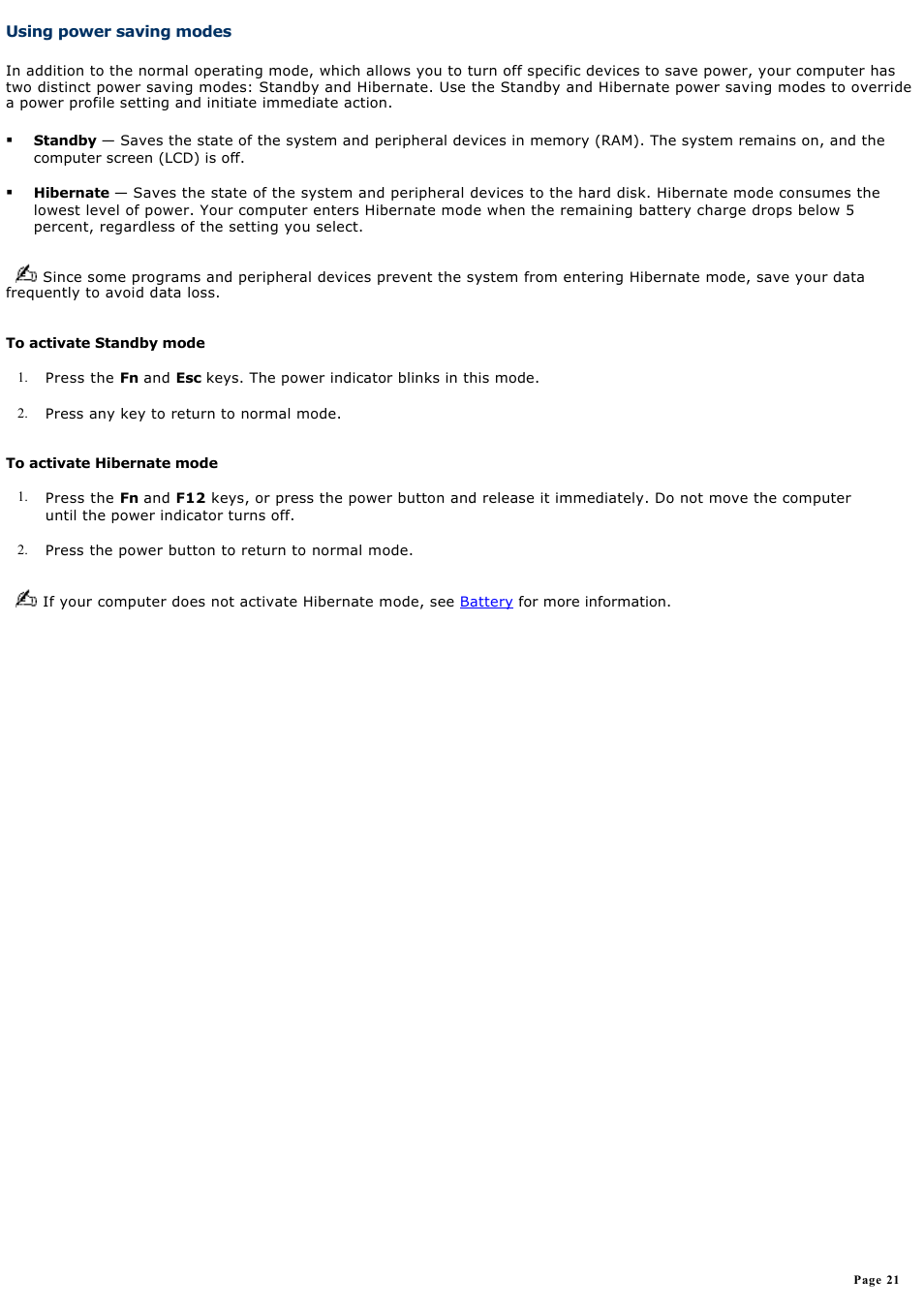 Using power saving modes | Sony PCG-TR3AP User Manual | Page 21 / 199