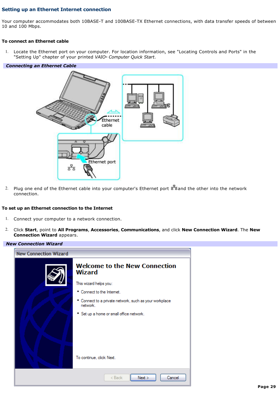 Setting up an ethernet internet connection | Sony PCG-TR3AP User Manual | Page 29 / 199