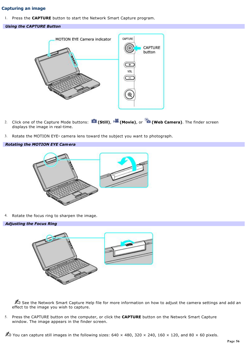 Capturing an image | Sony PCG-TR3AP User Manual | Page 56 / 199