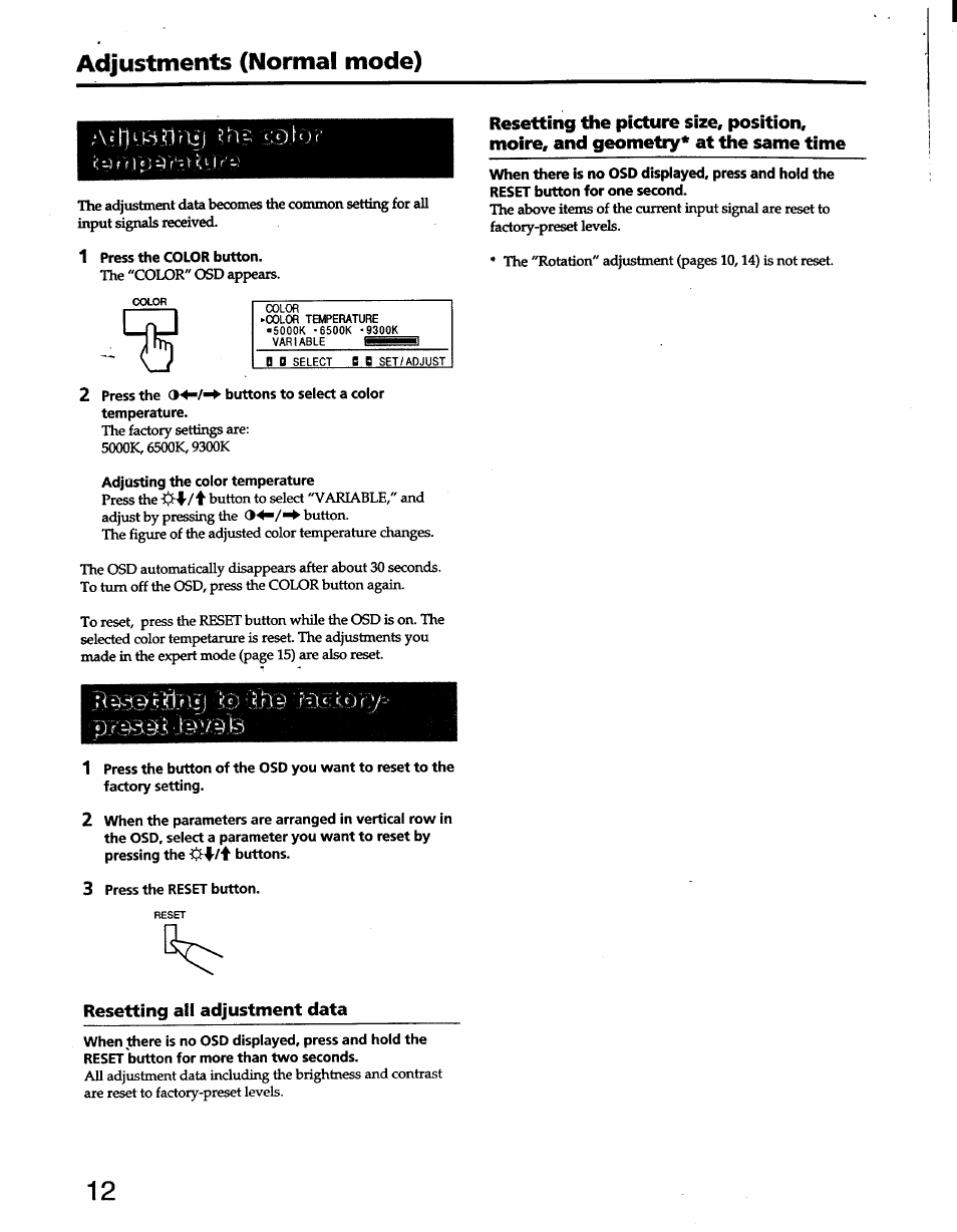 1 press the color button, 2 press the buttons to select a color, Temperature | Adjusting the color temperature, 3 press the reset button, Resetting ail adjustment data, Adjustments (normal mode) | Sony GDM-W900 User Manual | Page 12 / 21