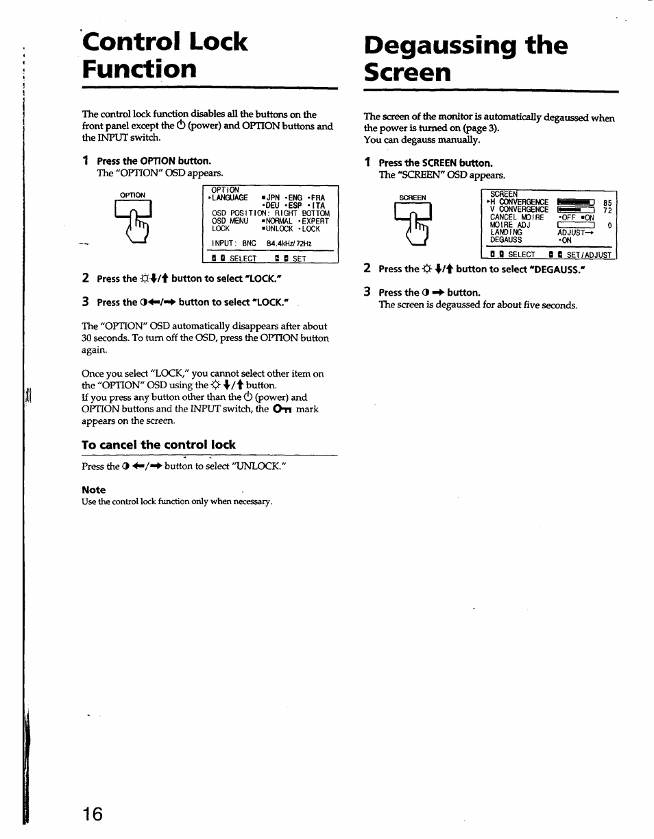 To cancel the control lock, Degaussing the screen, Control lock function | Sony GDM-W900 User Manual | Page 16 / 21