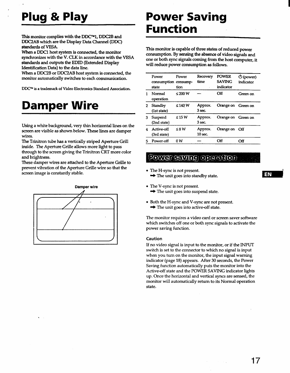 Plug & play, Damper wire, Power saving function | Plug&play damper wire power saving fimction | Sony GDM-W900 User Manual | Page 17 / 21