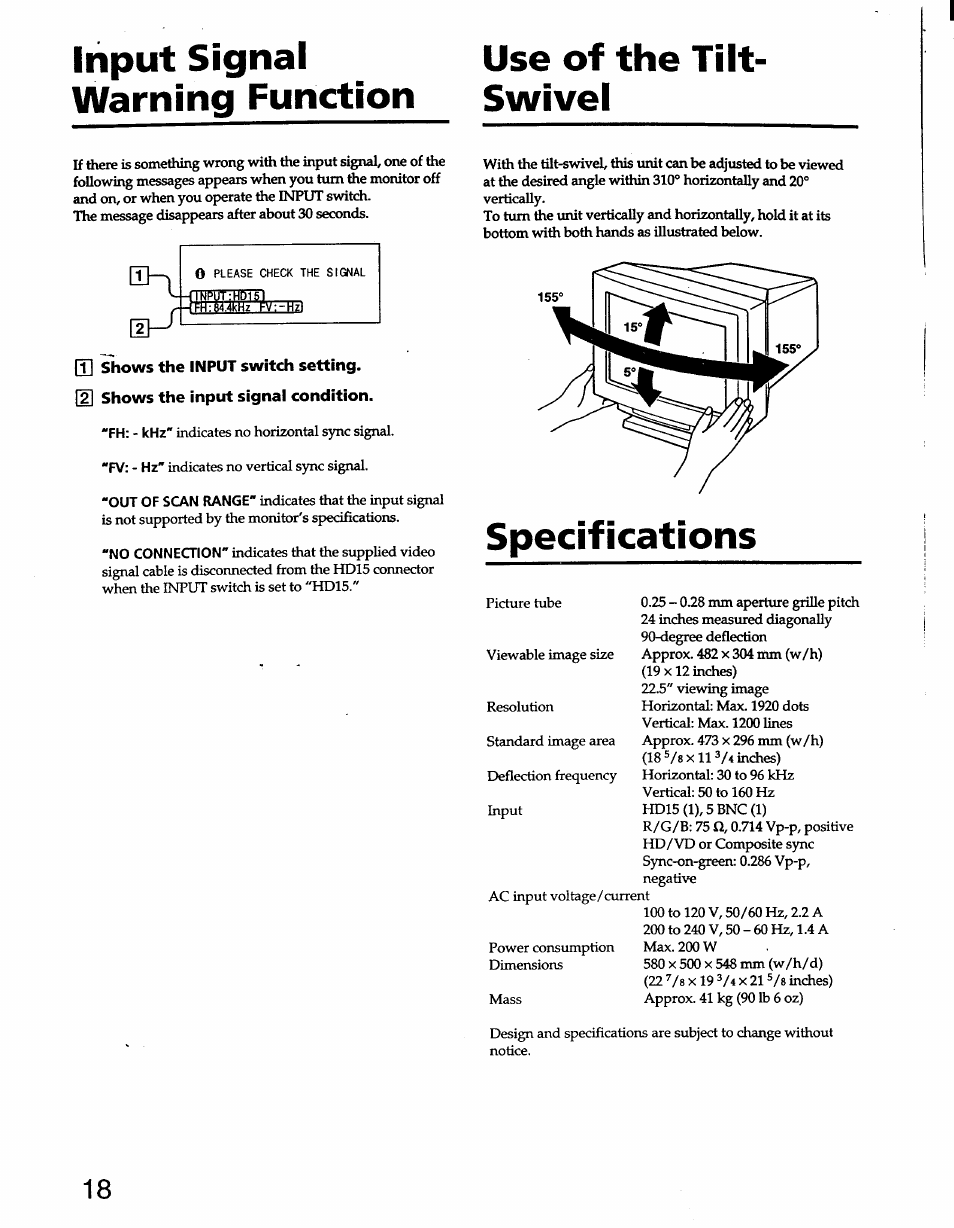 Input signal warning function, T] shows the input switch setting, 2] shows the input signai condition | Specifications, Input signal warning fimction | Sony GDM-W900 User Manual | Page 18 / 21