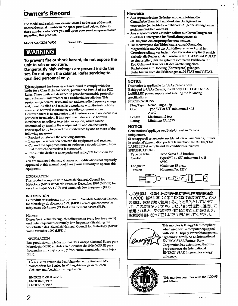 Owner's record, Warning | Sony GDM-W900 User Manual | Page 2 / 21