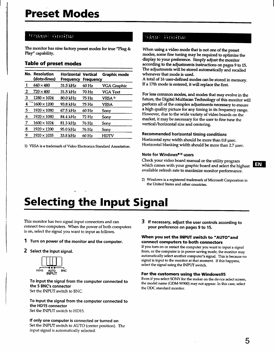 Preset modes, Table of preset modes, Recommended horizontal timing conditions | Note for windows* users, Selecting the input signal, 1 turn on power of the monitor and the computer, 2 select the input signal, For the customers using the windows95, If only one computer is connected or turned on, Preset modes selecting the input signal | Sony GDM-W900 User Manual | Page 5 / 21