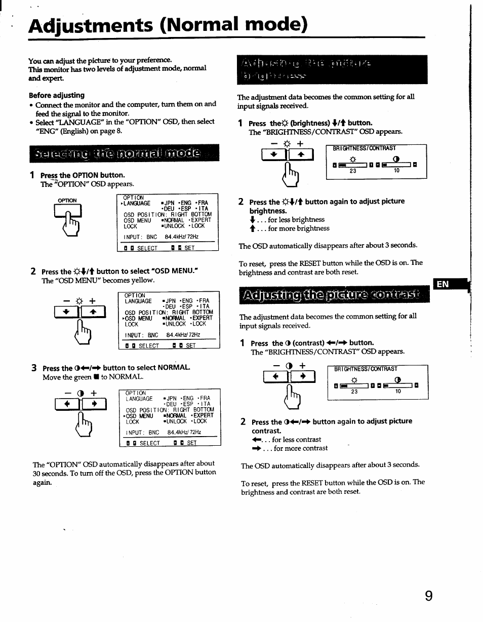 Adjustments (normal mode), Before adjusting, 1 pré» the option button | 2 press the ■ii-f/'t' button to select
