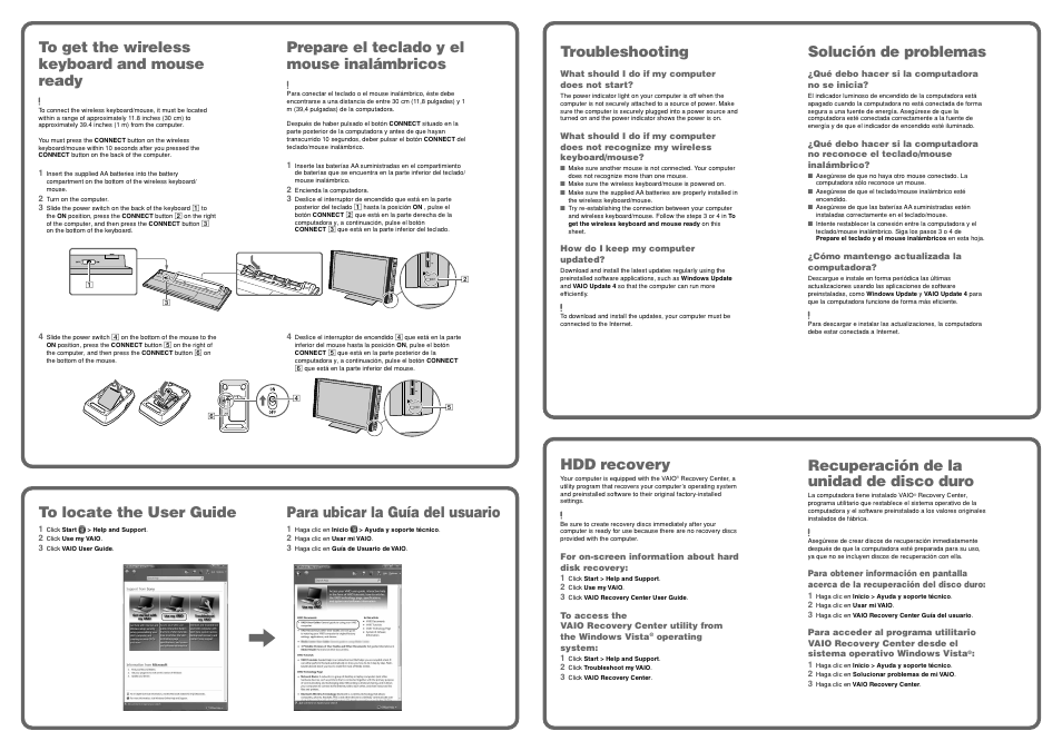 Solución de problemas, Troubleshooting, Para ubicar la guía del usuario | Hdd recovery, Recuperación de la unidad de disco duro, Prepare el teclado y el mouse inalámbricos | Sony VGC-RT100Y User Manual | Page 2 / 2