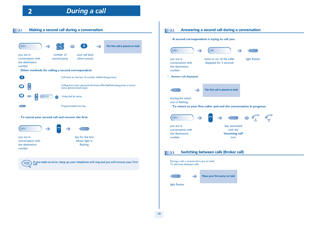 Making a second call during a conversation, Answering a second call during a conversation, Switching between calls (broker call) | P. 10, During a call | Alcatel Alcatel OmniPCX Office 4018/4019 User Manual | Page 10 / 26