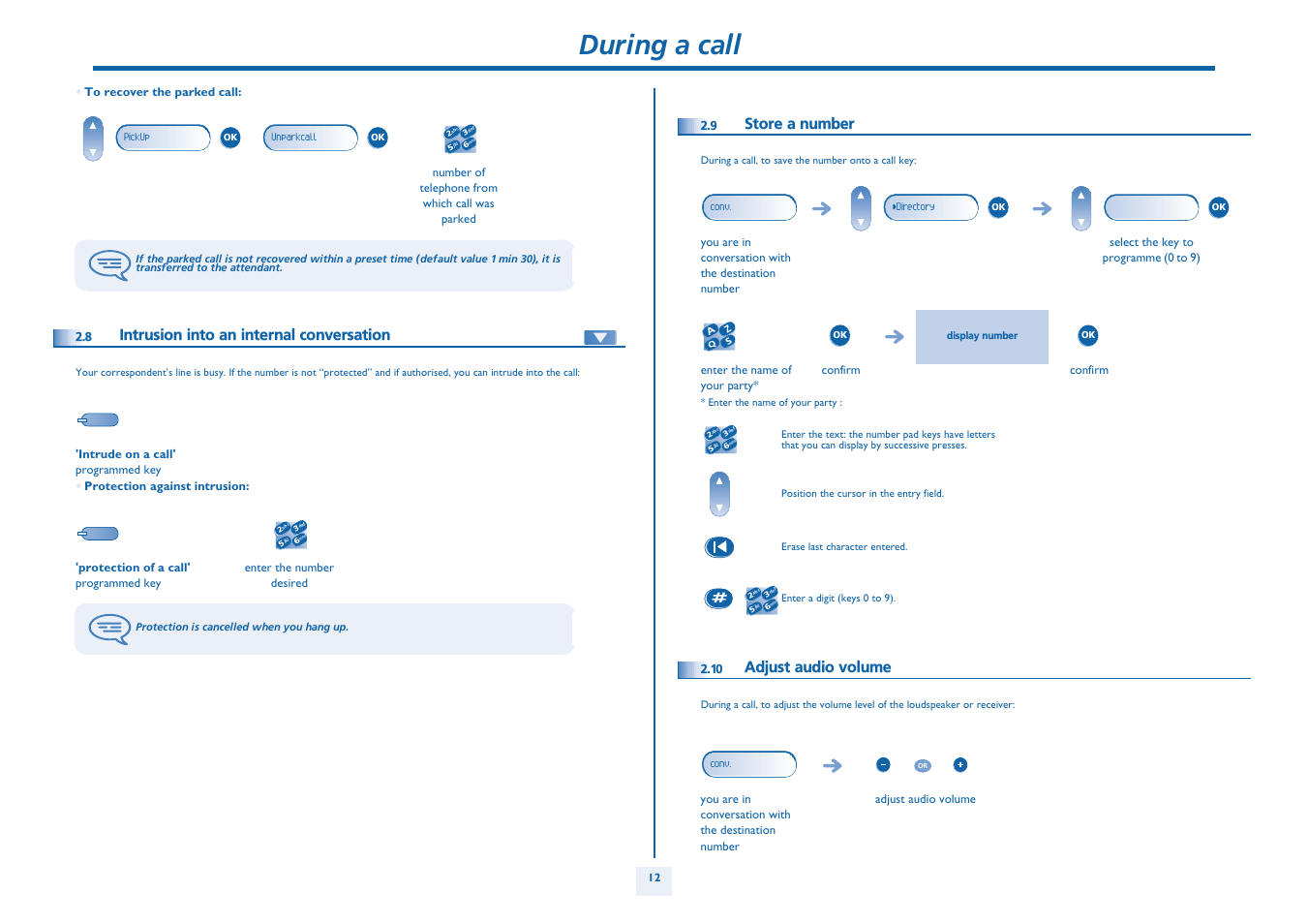 Intrusion into an internal conversation, Store a number, Adjust audio volume | P. 12, During a call | Alcatel Alcatel OmniPCX Office 4018/4019 User Manual | Page 12 / 26