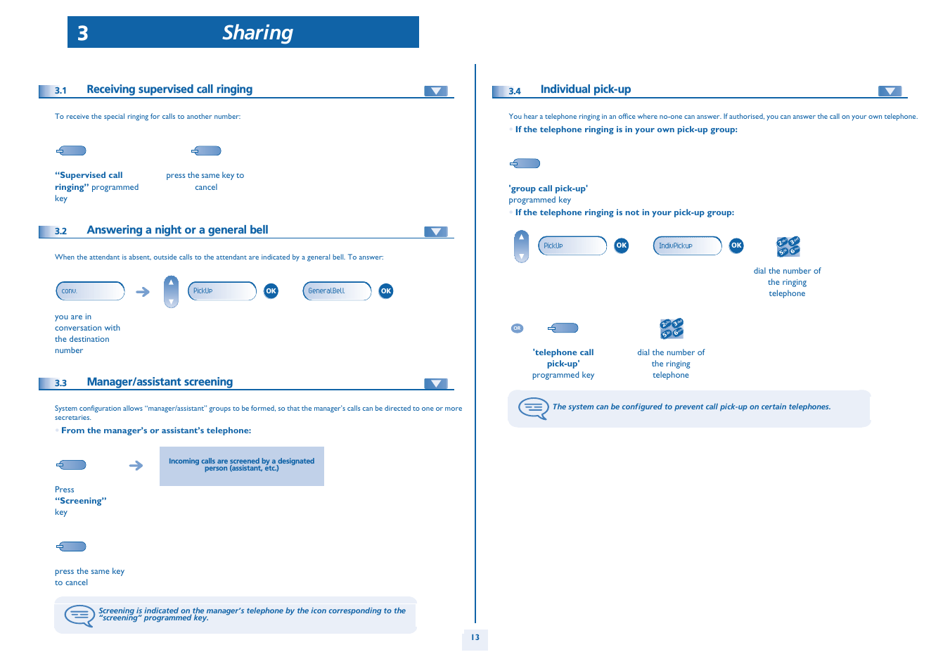 Receiving supervised call ringing, Answering a night or a general bell, Manager/assistant screening | Individual pick-up, P. 13, Sharing 3 | Alcatel Alcatel OmniPCX Office 4018/4019 User Manual | Page 13 / 26
