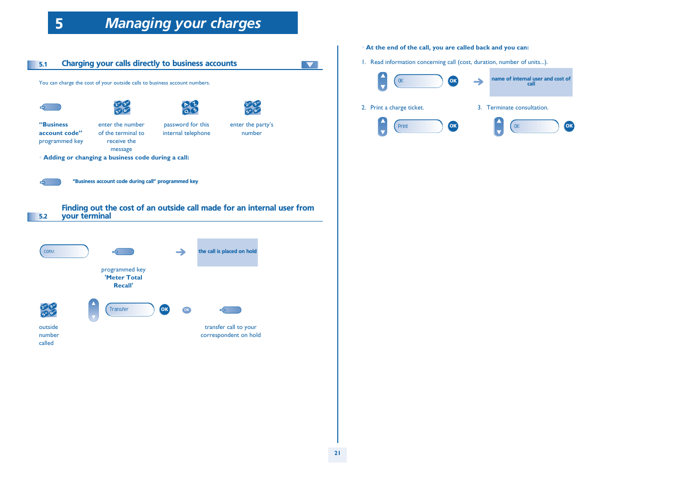 Charging your calls directly to business accounts, P. 21, Managing your charges 5 | Alcatel Alcatel OmniPCX Office 4018/4019 User Manual | Page 21 / 26