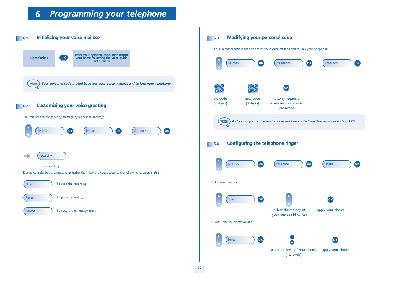 Initializing your voice mailbox, Customizing your voice greeting, Modifying your personal code | Configuring the telephone ringer, P. 22, Programming your telephone | Alcatel Alcatel OmniPCX Office 4018/4019 User Manual | Page 22 / 26