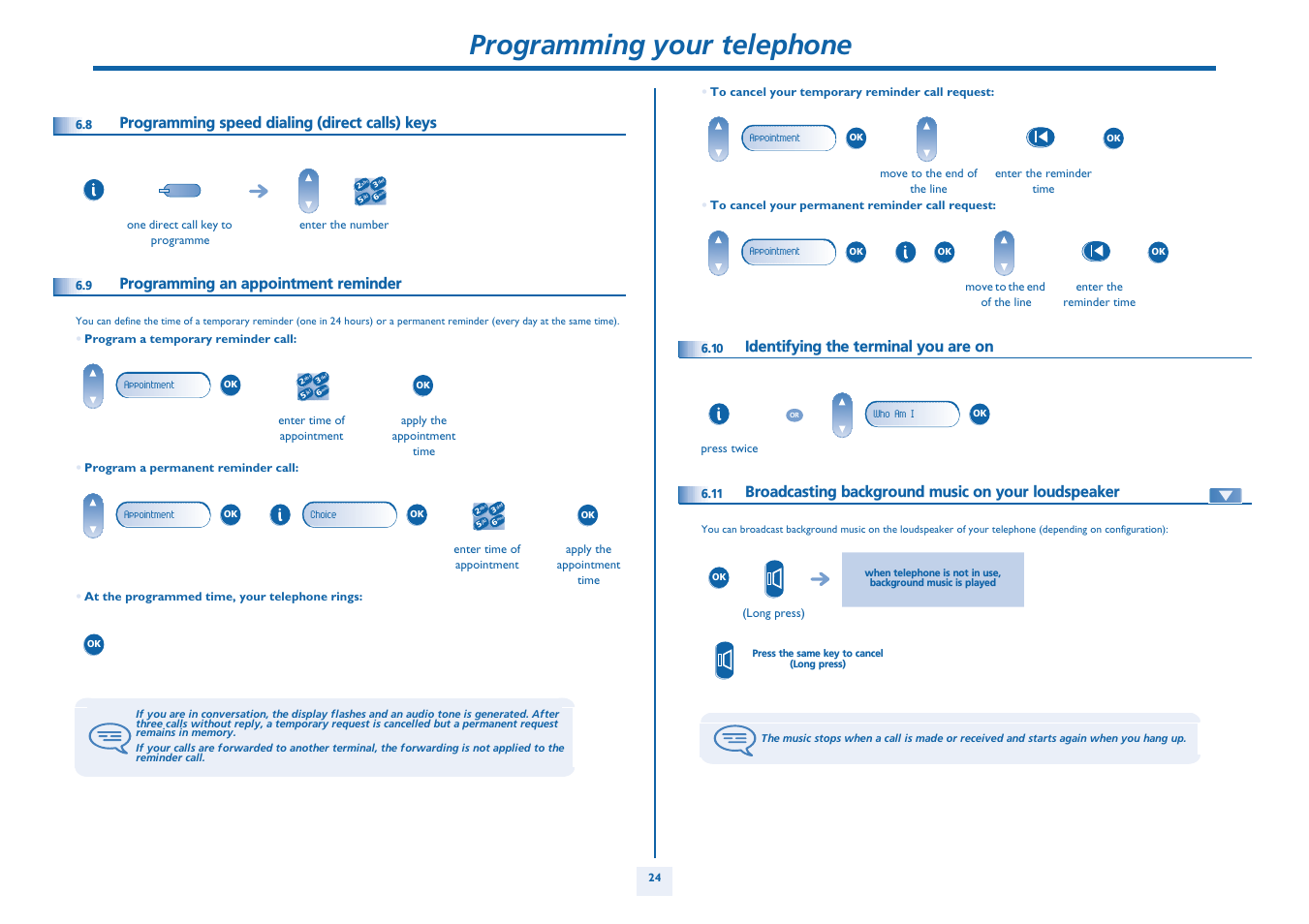 Programming speed dialing (direct calls) keys, Programming an appointment reminder, Identifying the terminal you are on | Broadcasting background music on your loudspeaker, P. 24, Programming your telephone | Alcatel Alcatel OmniPCX Office 4018/4019 User Manual | Page 24 / 26