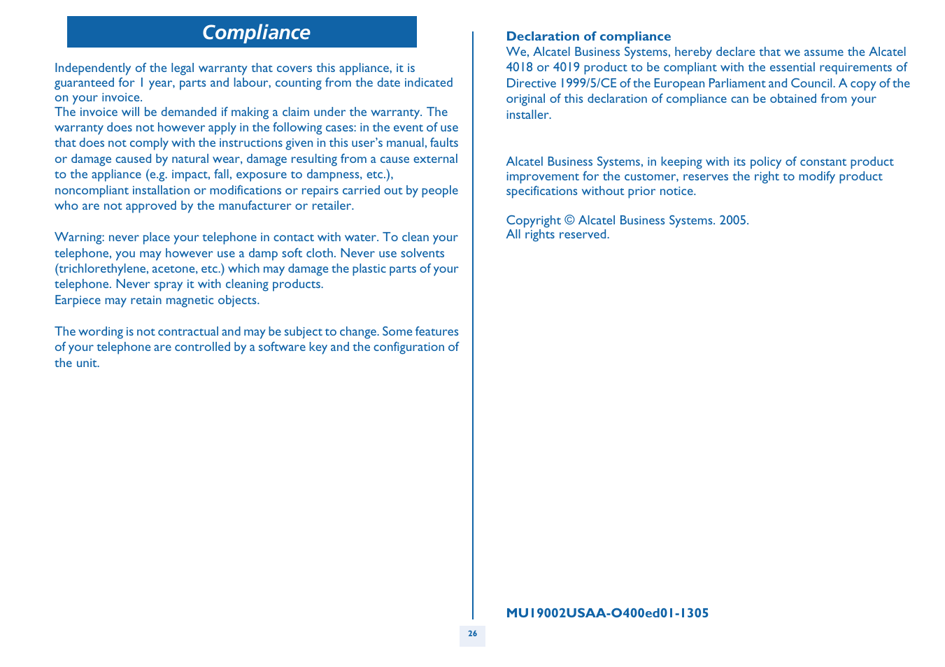 P. 26, Compliance | Alcatel Alcatel OmniPCX Office 4018/4019 User Manual | Page 26 / 26