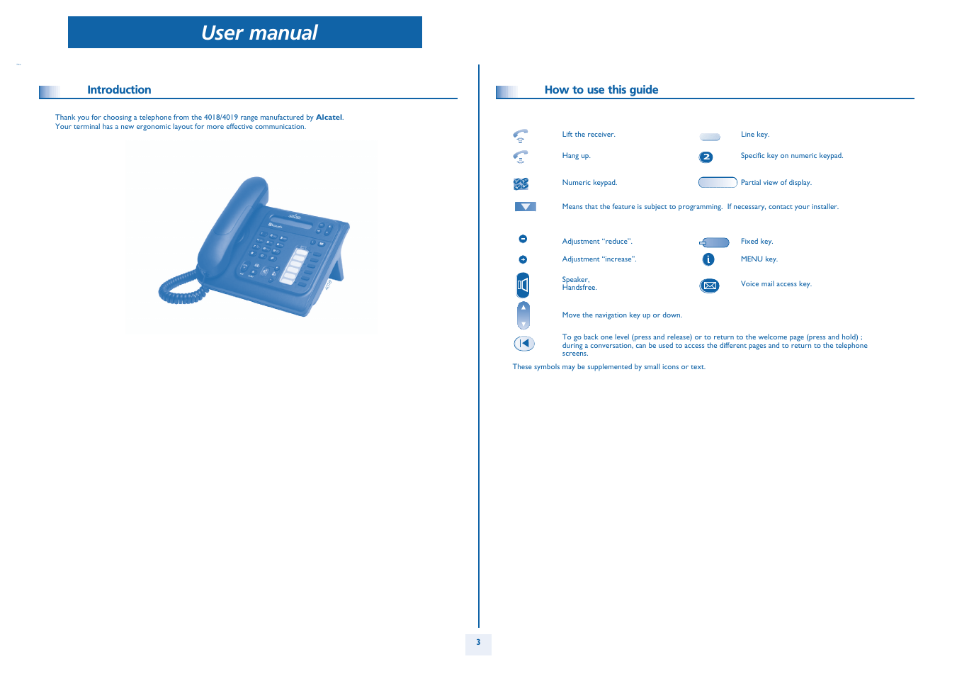 Introduction, How to use this guide, User manual | Mn o | Alcatel Alcatel OmniPCX Office 4018/4019 User Manual | Page 3 / 26