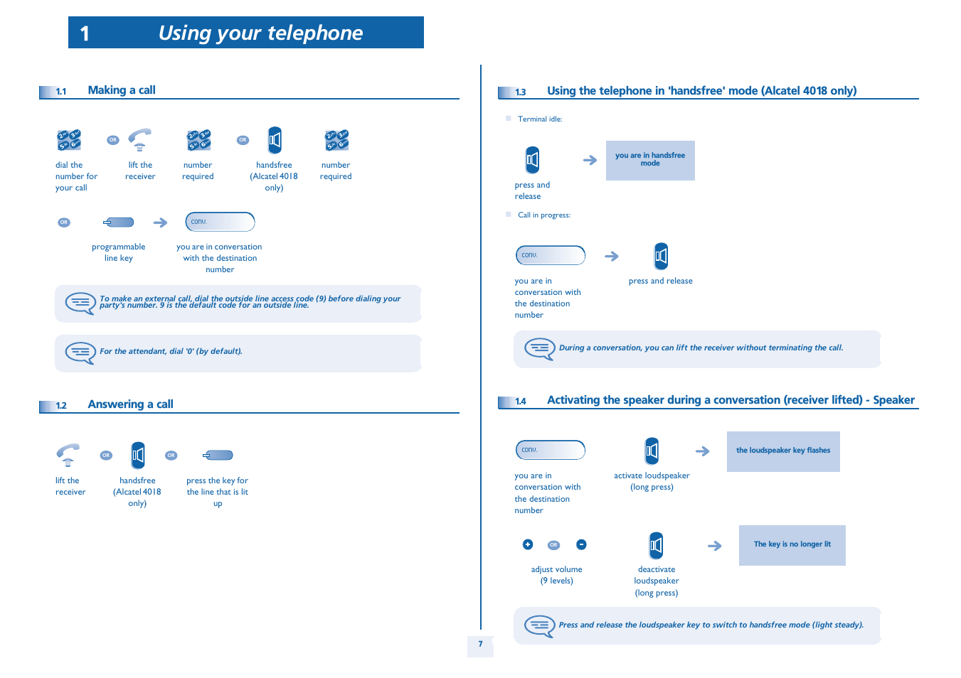 Making a call, Answering a call, P. 7 | Using your telephone 1 | Alcatel Alcatel OmniPCX Office 4018/4019 User Manual | Page 7 / 26