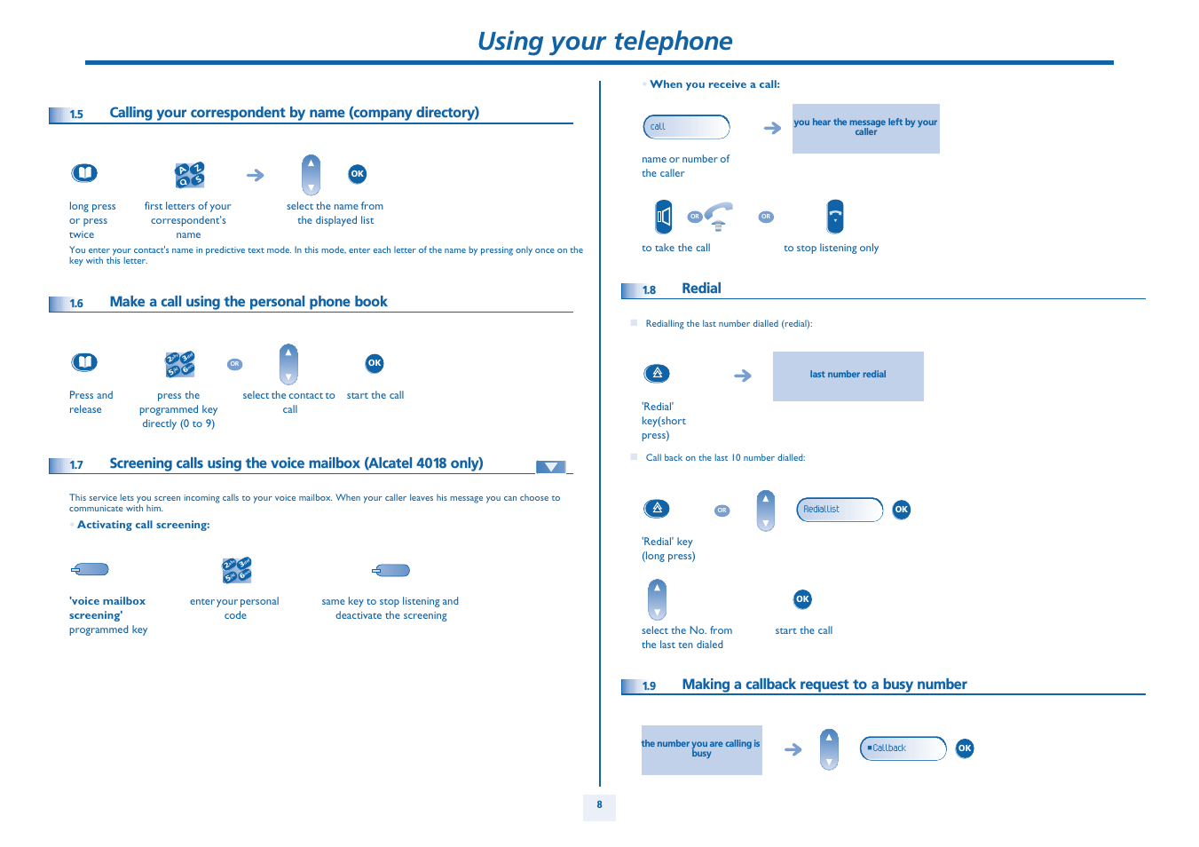 Make a call using the personal phone book, Redial, Making a callback request to a busy number | P. 8, Using your telephone | Alcatel Alcatel OmniPCX Office 4018/4019 User Manual | Page 8 / 26