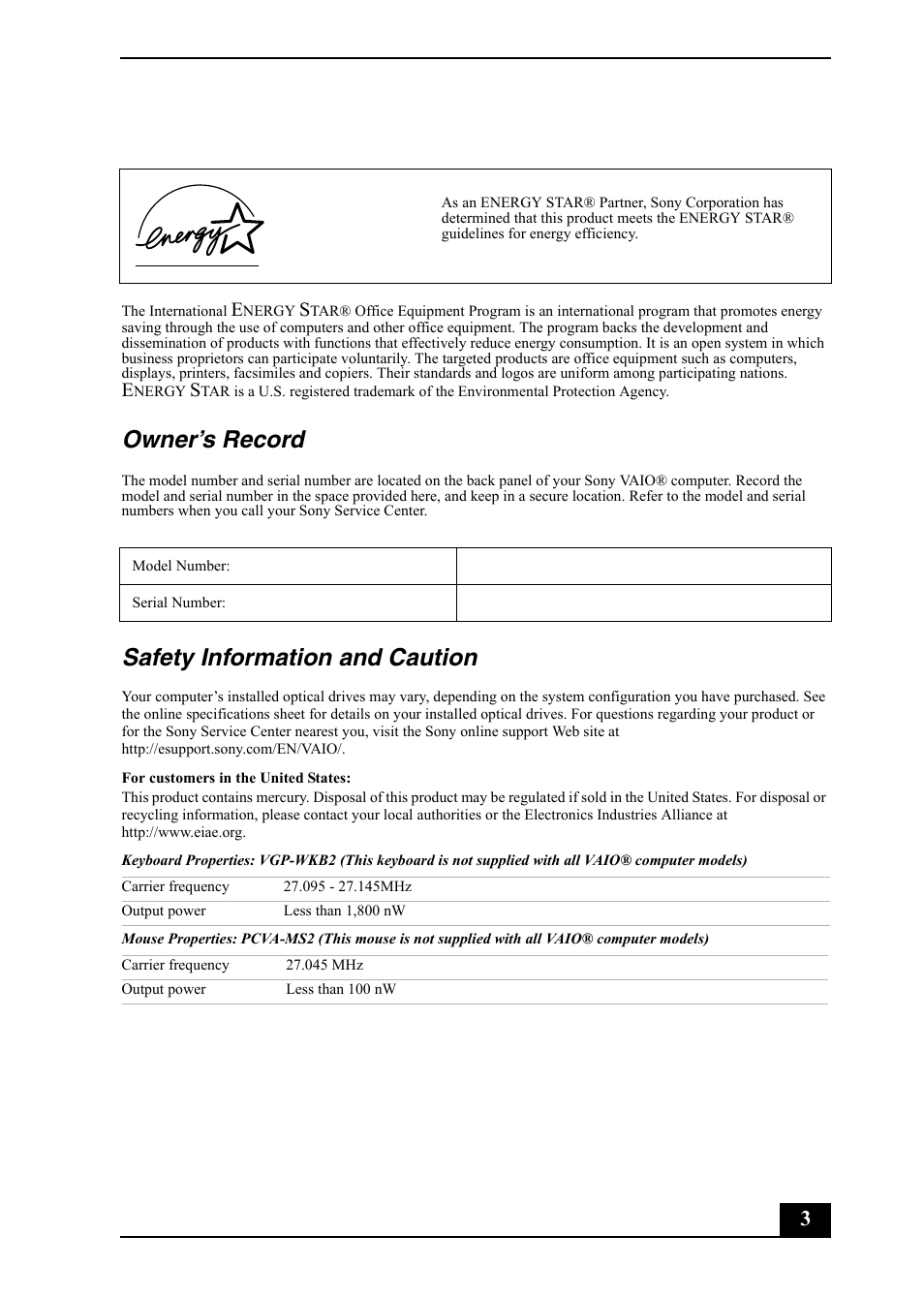 Owner’s record, Safety information and caution | Sony VGC-RB64GY User Manual | Page 3 / 10