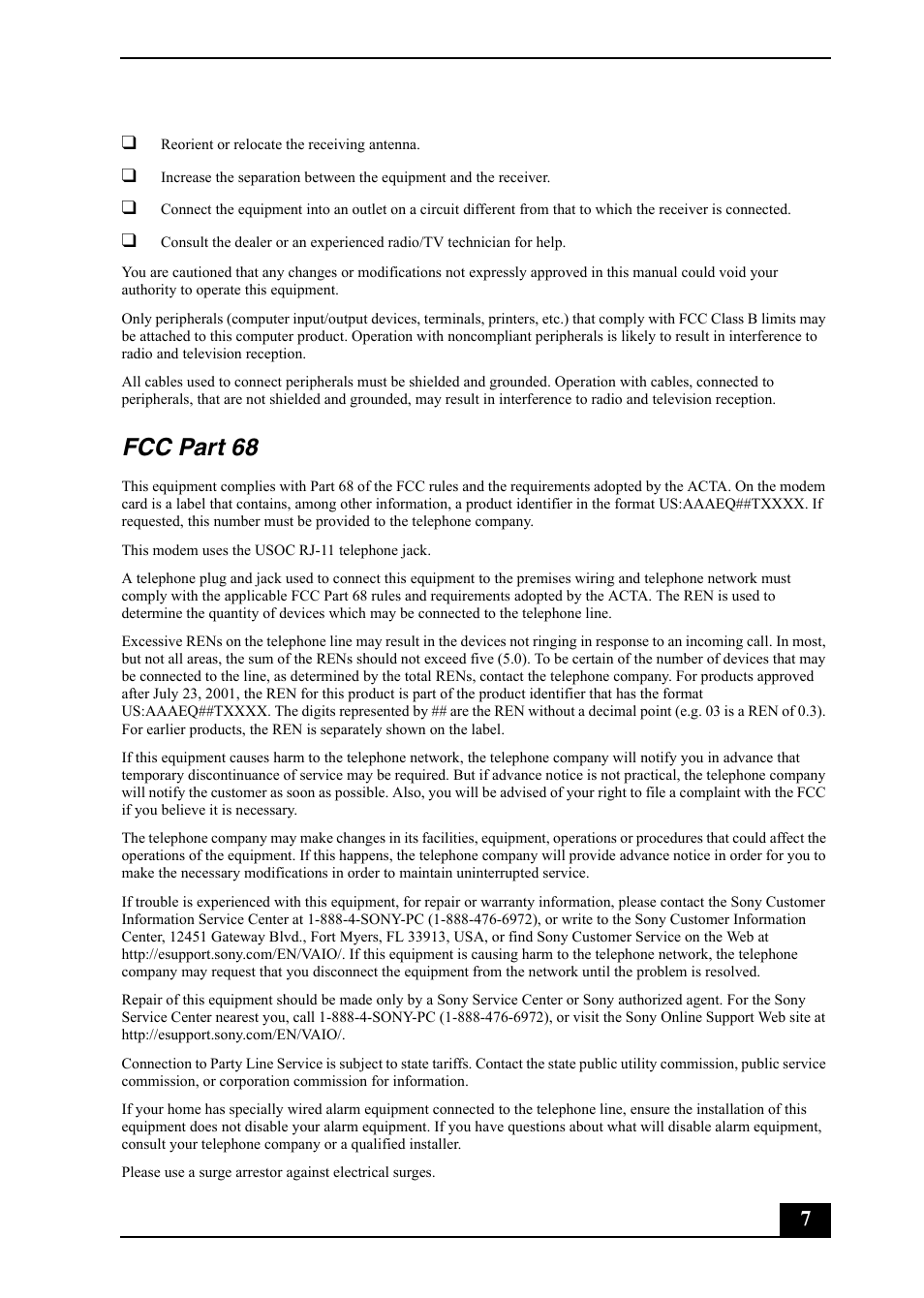 Fcc part 68 | Sony VGC-RB64GY User Manual | Page 7 / 10