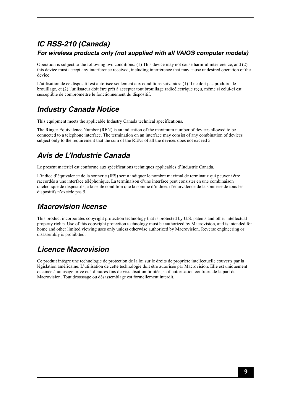 Ic rss-210 (canada), Industry canada notice, Avis de l’industrie canada | Macrovision license, Licence macrovision | Sony VGC-RB64GY User Manual | Page 9 / 10