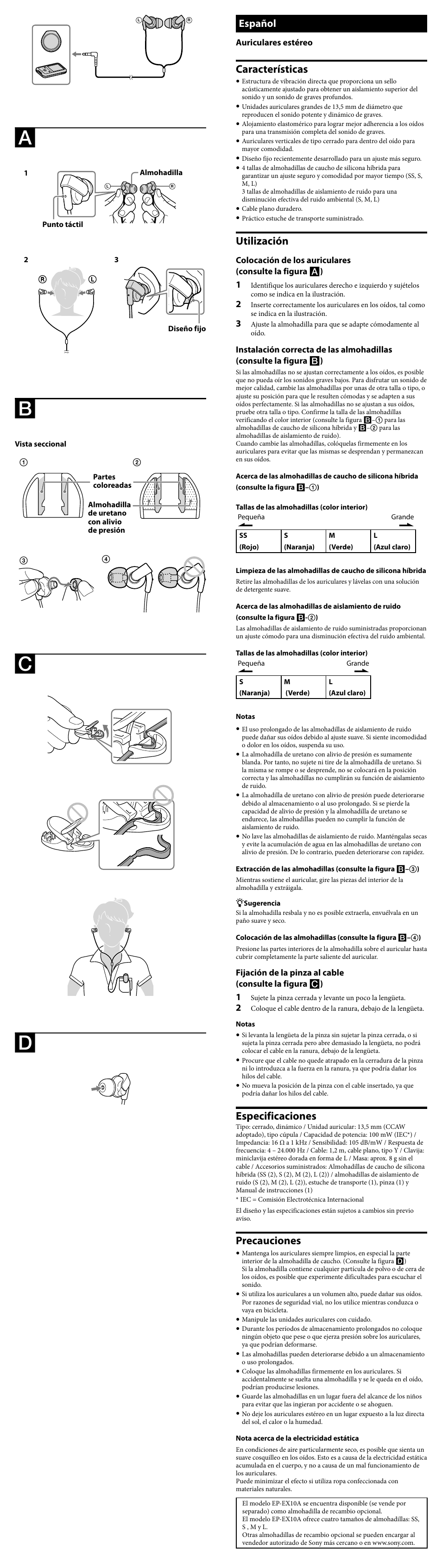 Características, Utilización, Especificaciones | Precauciones, Español, Auriculares estéreo | Sony MDR-XB41EX User Manual | Page 2 / 2