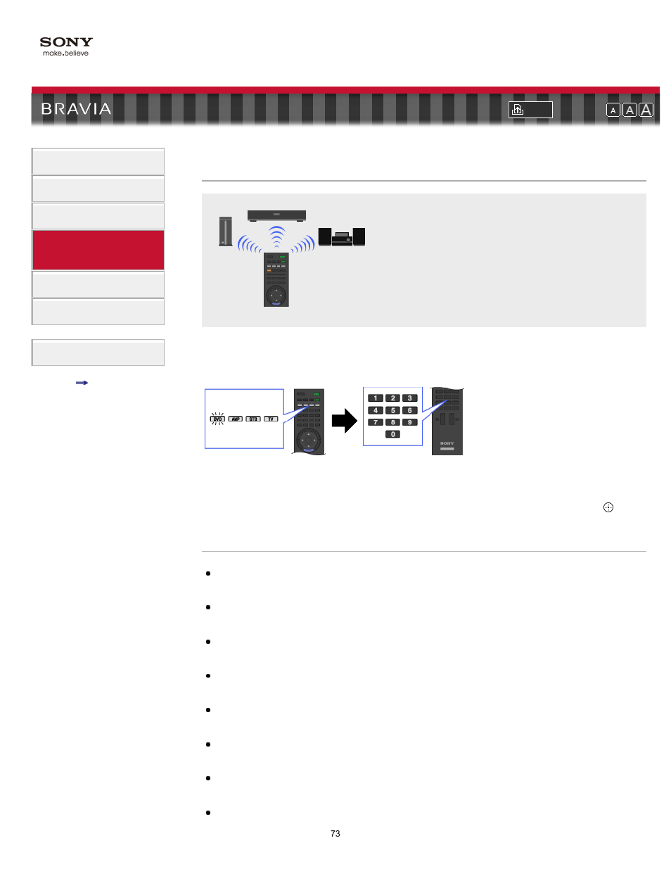 Programming the remote control, Manufacturer’s codes, Remote control settings | Sony KDL-46NX711 User Manual | Page 73 / 157