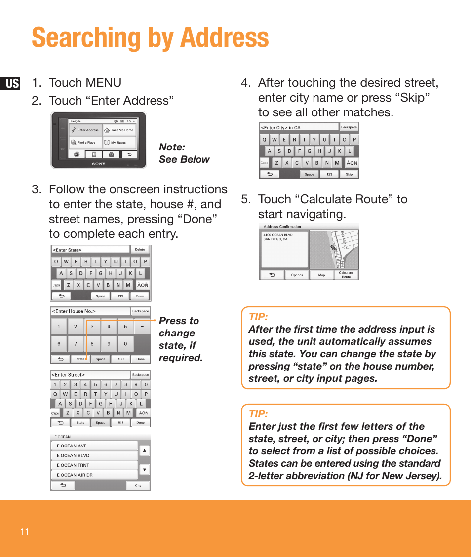 Searching by address | Sony NV-U83T User Manual | Page 12 / 68