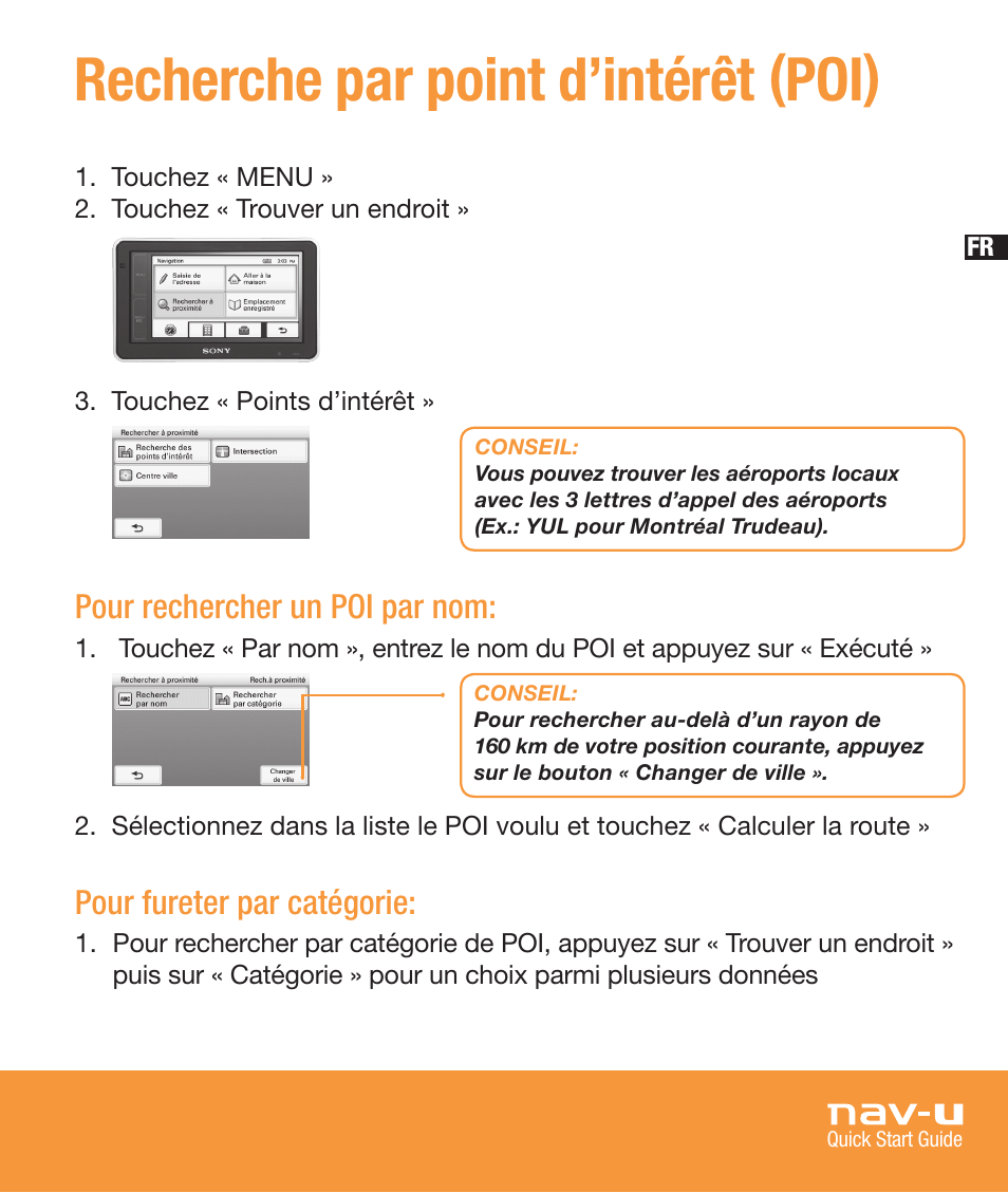 Recherche par point d’intérêt (poi), Pour rechercher un poi par nom, Pour fureter par catégorie | Sony NV-U83T User Manual | Page 35 / 68