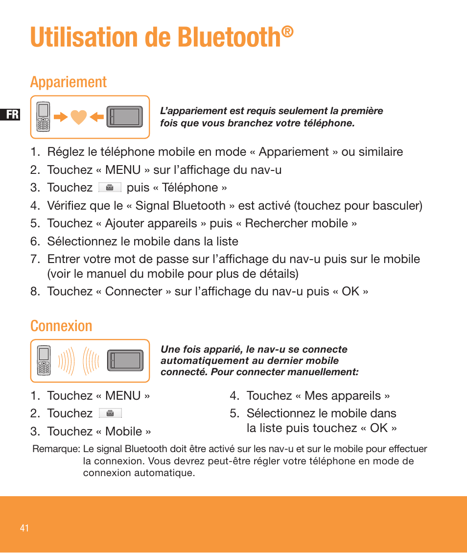 Utilisation de bluetooth, Appariement connexion | Sony NV-U83T User Manual | Page 42 / 68