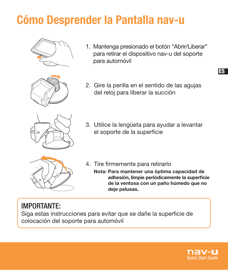 Cómo desprender la pantalla nav-u, Importante | Sony NV-U83T User Manual | Page 53 / 68